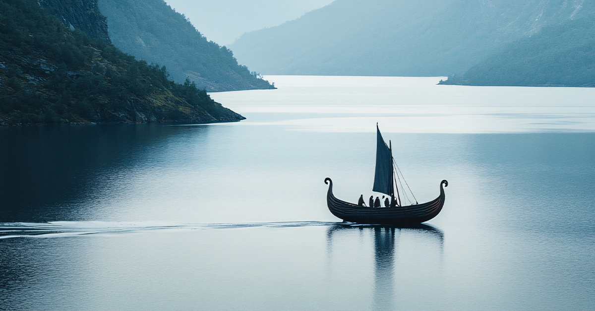Viking Ship Sailing on Serene Fjord, generated by AI
