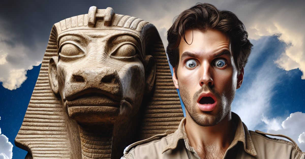 A shocked archaeologist holds an ancient parchment in front of a giant Egyptian sphinx statue under a dramatic sky