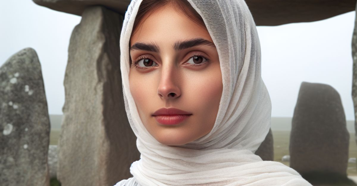 Emotionless girl standing in front of a Dolmen stone, looking directly into the camera.