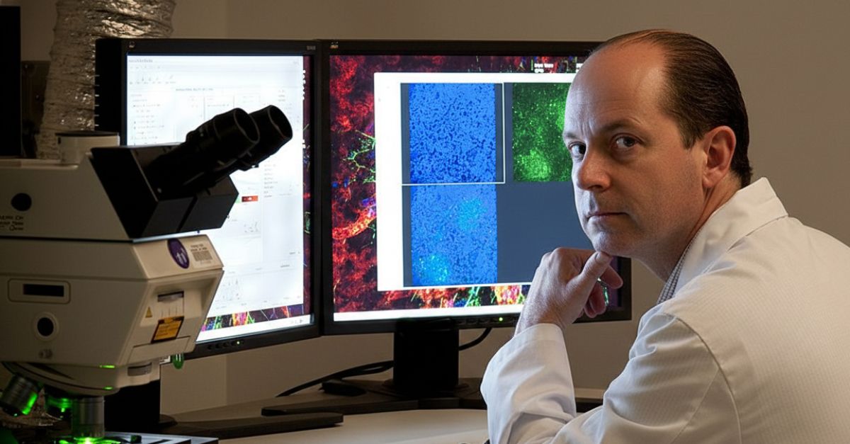 Scientist with a scanning microscope