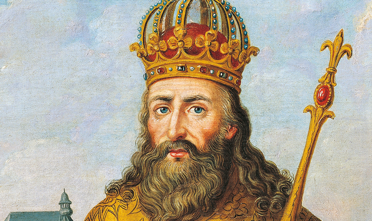 Portrait of Charlemagne (742 - Aachen, 814), King of the Franks and Lombards and Emperor of the Holy Roman Empire, standing with a model of the Palatine Chapel, detail.