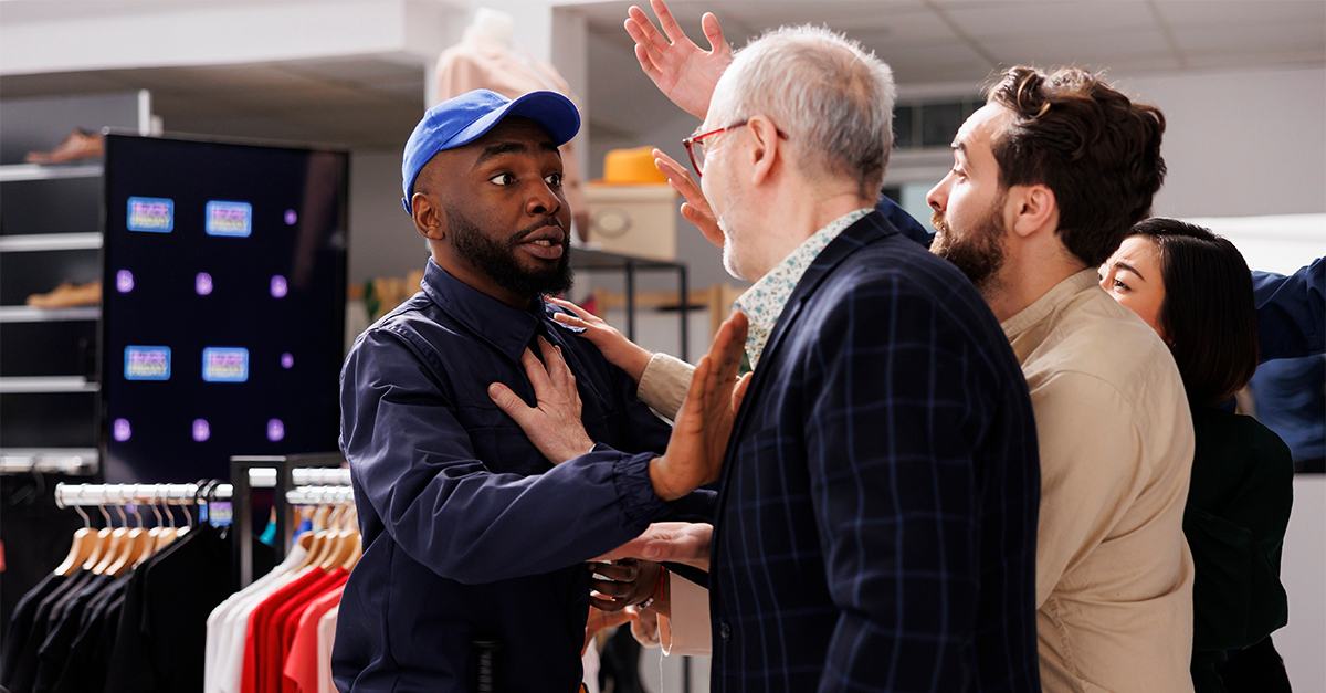 Rude aggressive people shoppers shouting and arguing with security staff while queuing for sales, eager customers waiting in line on Black Friday sales for chance to grab best deals when doors open