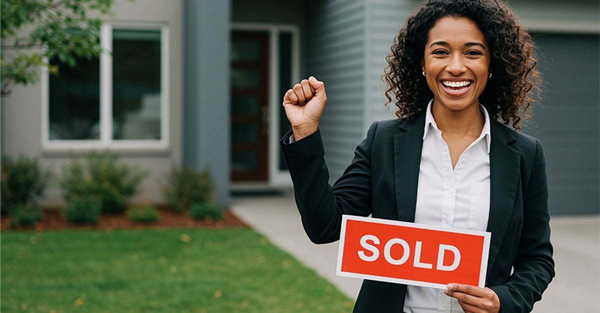 Woman realtor celebrating a house sale