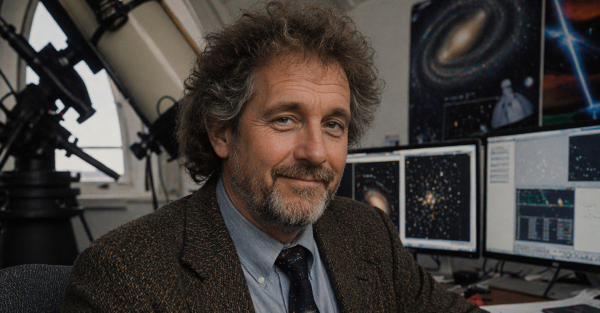 astronomer in his office with a slight grin