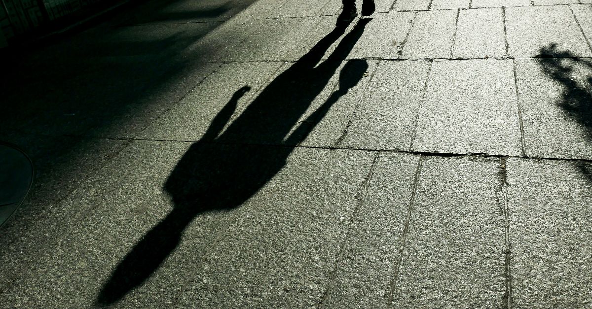 a shadow of a person walking down a sidewalk